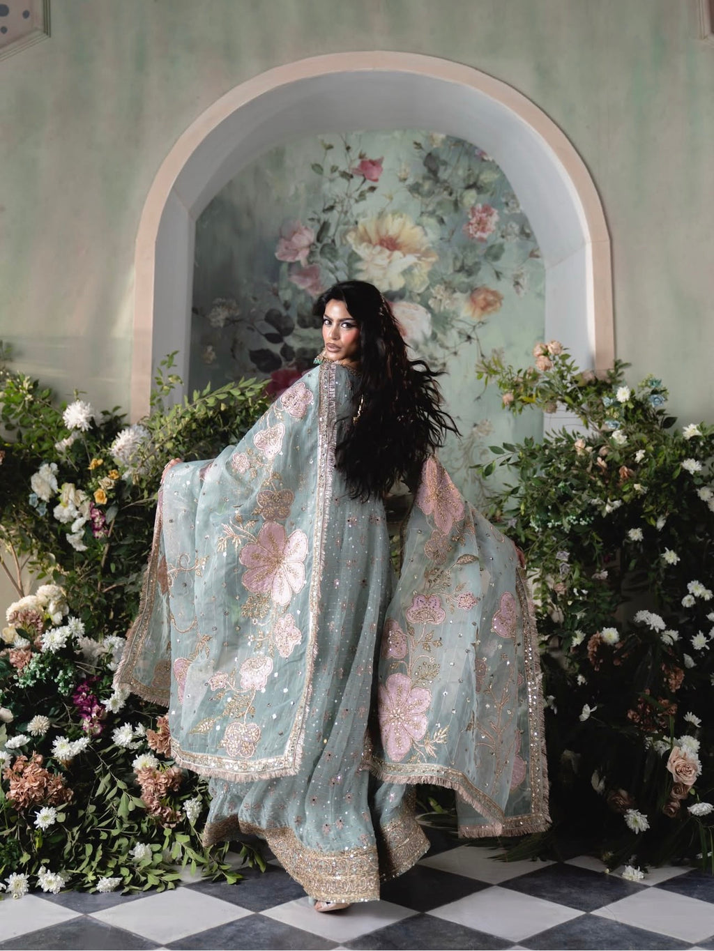 FALAAK | 3 piece Pakistani Chiffon Stitched Maxi Dress Heavy Embroidered Wedding & Formal Wear