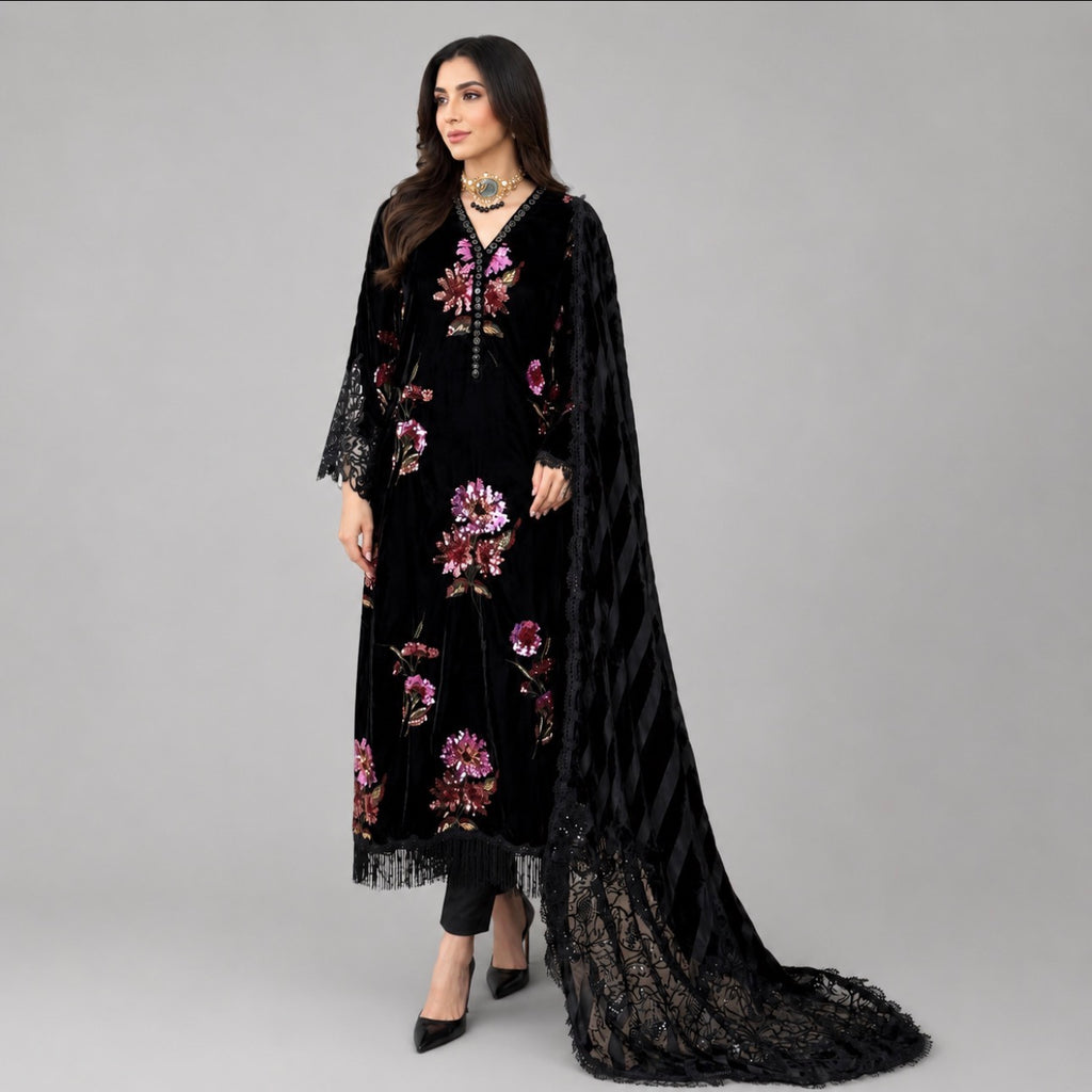 D6 VELVET-Black Floral Embroidered 3-Piece Suit with Luxury Dupatta