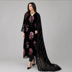 D6 VELVET-Black Floral Embroidered 3-Piece Suit with Luxury Dupatta
