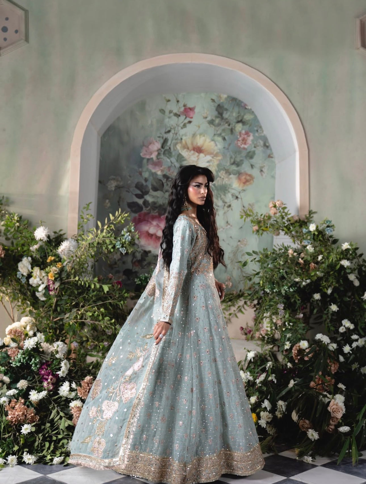 FALAAK | 3 piece Pakistani Chiffon Stitched Maxi Dress Heavy Embroidered Wedding & Formal Wear