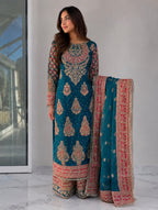 MAAHI | 3 piece heavy Embroidered silk Readymade wedding wear suit- TEAL