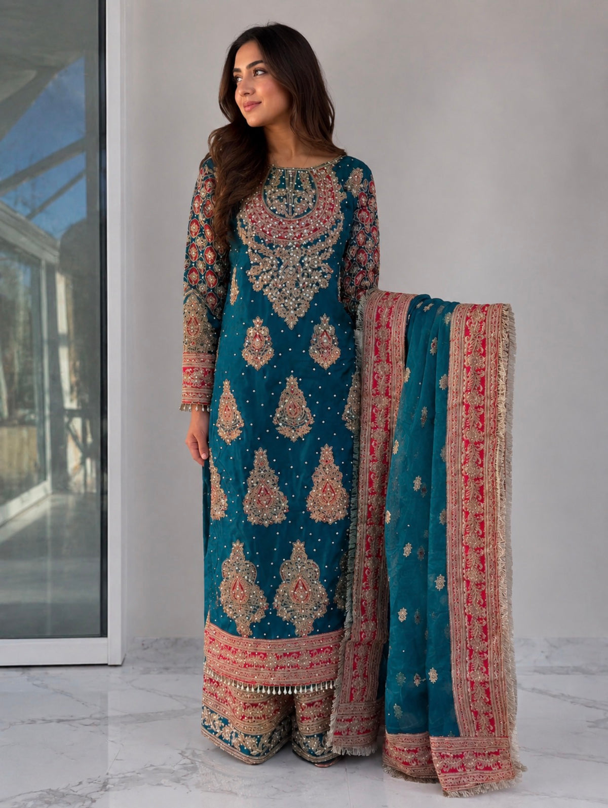 MAAHI | 3 piece heavy Embroidered silk Readymade wedding wear suit- TEAL