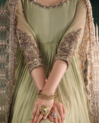 DILRUBA | 3 piece Embroidered chiffon Bridal Anarkali Readymade suit- Sage green