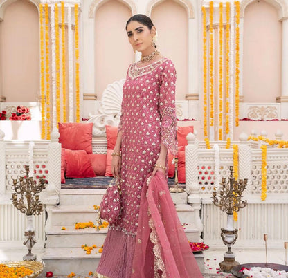 فستان شيفون فاخر من 4 قطع - دوباتا أورجانزا مطرزة | كراش بلازو | حقيبة بوتلي متناسقة