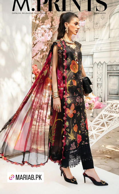 Maria B Inspired 3-Piece Suit with Chiffon Dupatta | Elegant Pakistani Wear Black (Sizes S–2XL)