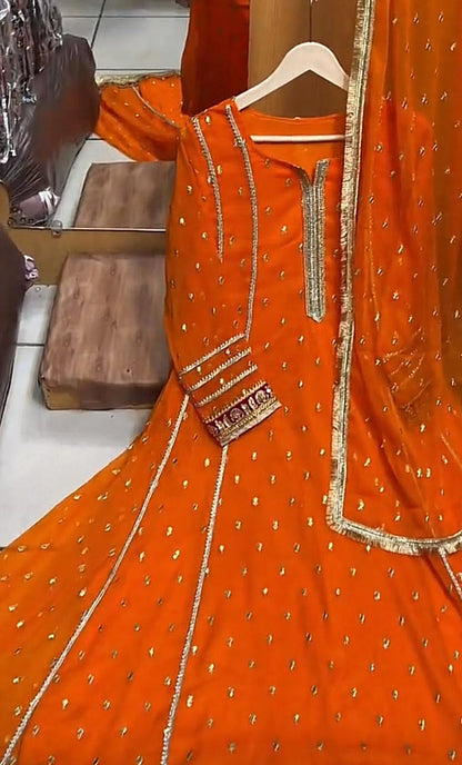 Graceful Chiffon Embroidered Long Frock with 4-Side Lace Dupatta – 2 Piece Set