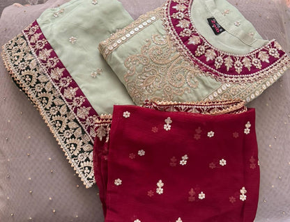 بدلة أورجانزا فاخرة مطرزة بكثافة من ثلاث قطع مع دوباتا شيفون - ملابس الزفاف والحفلات