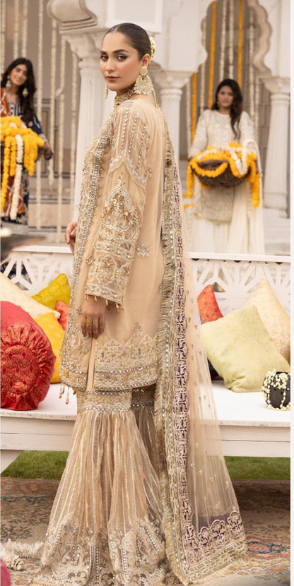 Shehnai by Simran's – 3 Piece Heavy Embroidered Suit | Net Fabric | Gold | Sizes S–XL