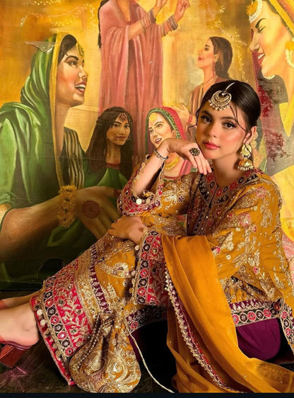 Haseen’s Inspired – Heavy Embroidered Chiffon Plazo Suit | Wedding Collection | Elegant Formal Wear