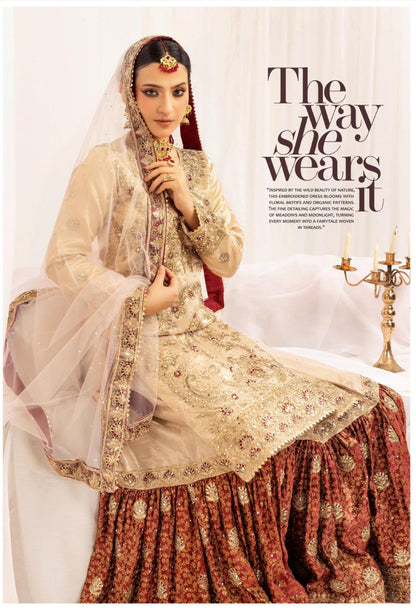 Farshi by SIMRANS- 4 pcs heavy embroidered gharara suit with matching potli bag- small to XL