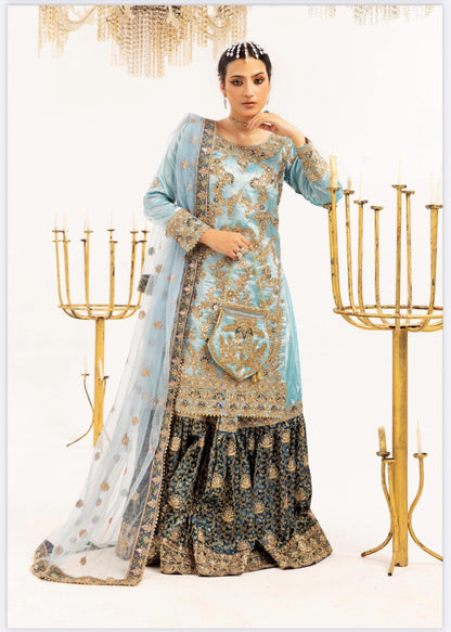 Farshi by SIMRANS- 4 pcs heavy embroidered gharara suit with matching potli bag- small to XL