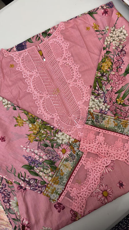 Maria B Inspired 3-Piece Suit with Chiffon Dupatta | Elegant Pakistani Wear Pink (Sizes S–2XL)