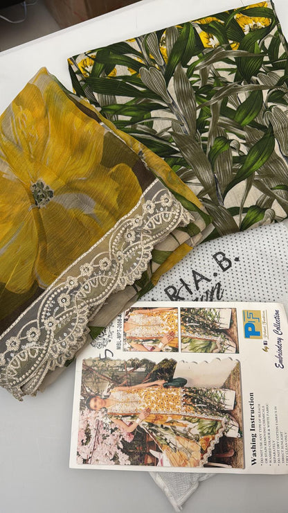 Maria B Inspired 3-Piece Suit with Chiffon Dupatta | Elegant Pakistani Wear Yellow (Sizes S–2XL)