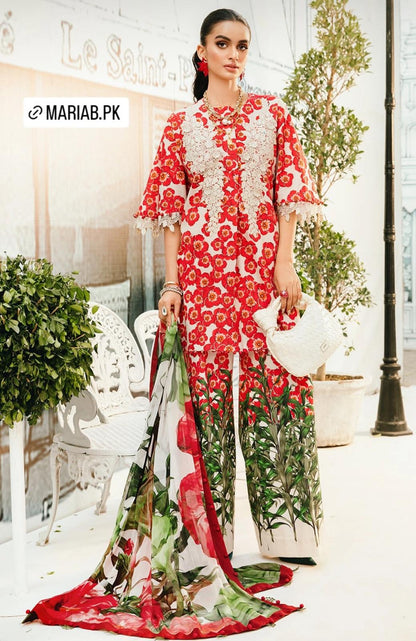 Maria B Inspired 3-Piece Suit with Chiffon Dupatta | Elegant Pakistani Wear Red (Sizes S–2XL)