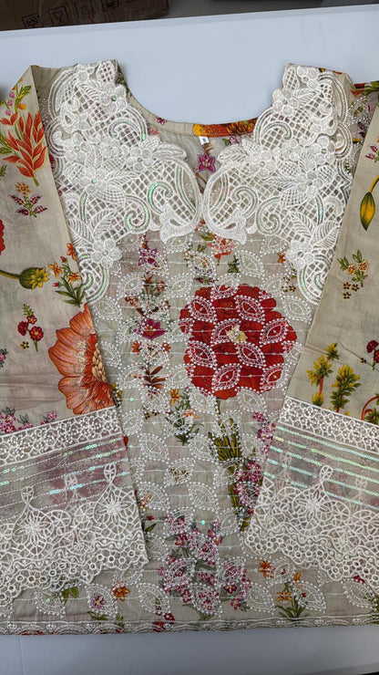 Maria B Inspired 3-Piece Suit with Chiffon Dupatta | Elegant Pakistani Wear Beige (Sizes S–2XL)