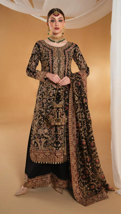 سوهانا من هاسين - مجموعة زفاف أصلية من الشيفون المطرز الثقيل مكونة من 4 قطع مع حقيبة بوتلي متناسقة - مقاس S-XL