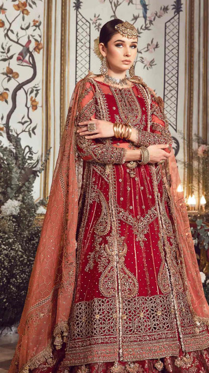 Maria B Inspired by Simran’s – Heavy Embroidered 3-Piece Wedding Collection with Sharara in Red (Sizes S–XL)