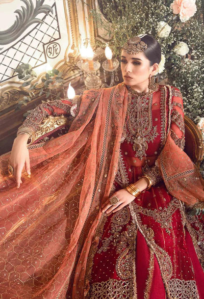 Maria B Inspired by Simran’s – Heavy Embroidered 3-Piece Wedding Collection with Sharara in Red (Sizes S–XL)