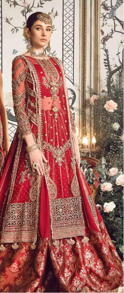 Maria B Inspired by Simran’s – Heavy Embroidered 3-Piece Wedding Collection with Sharara in Red (Sizes S–XL)