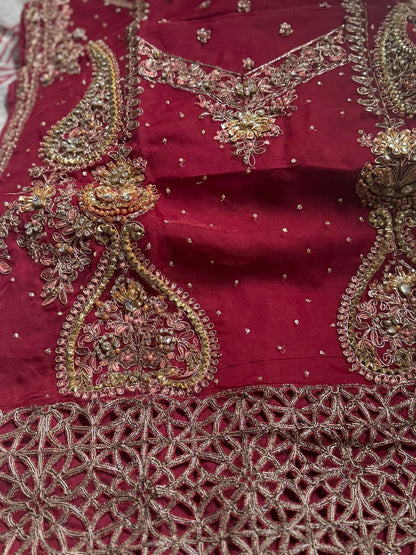 Maria B Inspired by Simran’s – Heavy Embroidered 3-Piece Wedding Collection with Sharara in Red (Sizes S–XL)