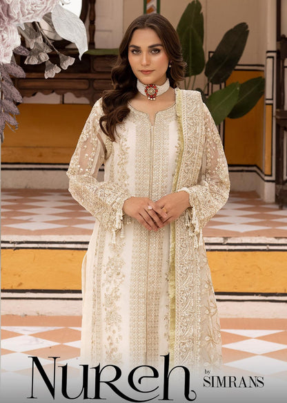 Nureh By Simran’s – 3 Piece Organza Heavy Embroidered Wedding Collection | Sizes S–XL