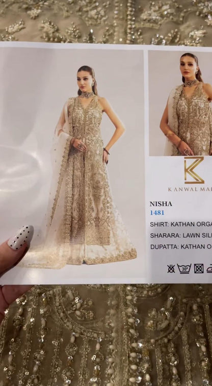 Kanwal Malik NISHA( inspired)- 3 pcs heavy embroidered soft organza shirt and sharara suit..Beige