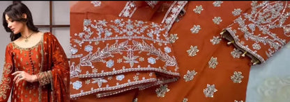 Ahmed sultan TANGERINE ( inspired)- 3 pcs heavy embroidered Raw silk shirt and trouser with soft organza duppatta