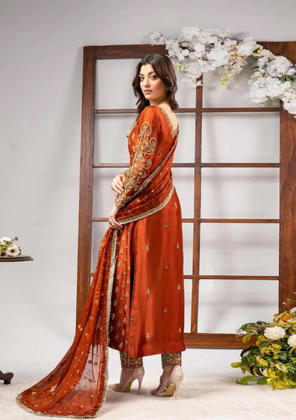 Ahmed sultan TANGERINE ( inspired)- 3 pcs heavy embroidered Raw silk shirt and trouser with soft organza duppatta