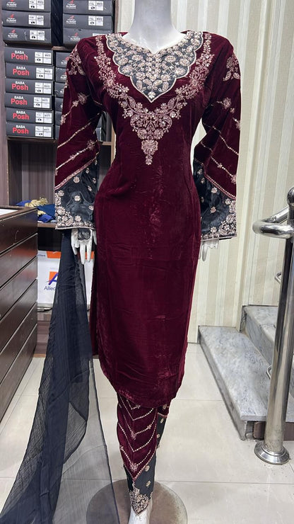 Luxury Velvet - 3pcs Embroidered Velvet Shirt and Trouser..comes with Chiffon Duppatta