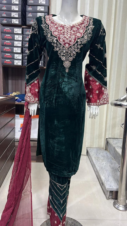 Luxury Velvet - 3pcs Embroidered Velvet Shirt and Trouser..comes with Chiffon Duppatta