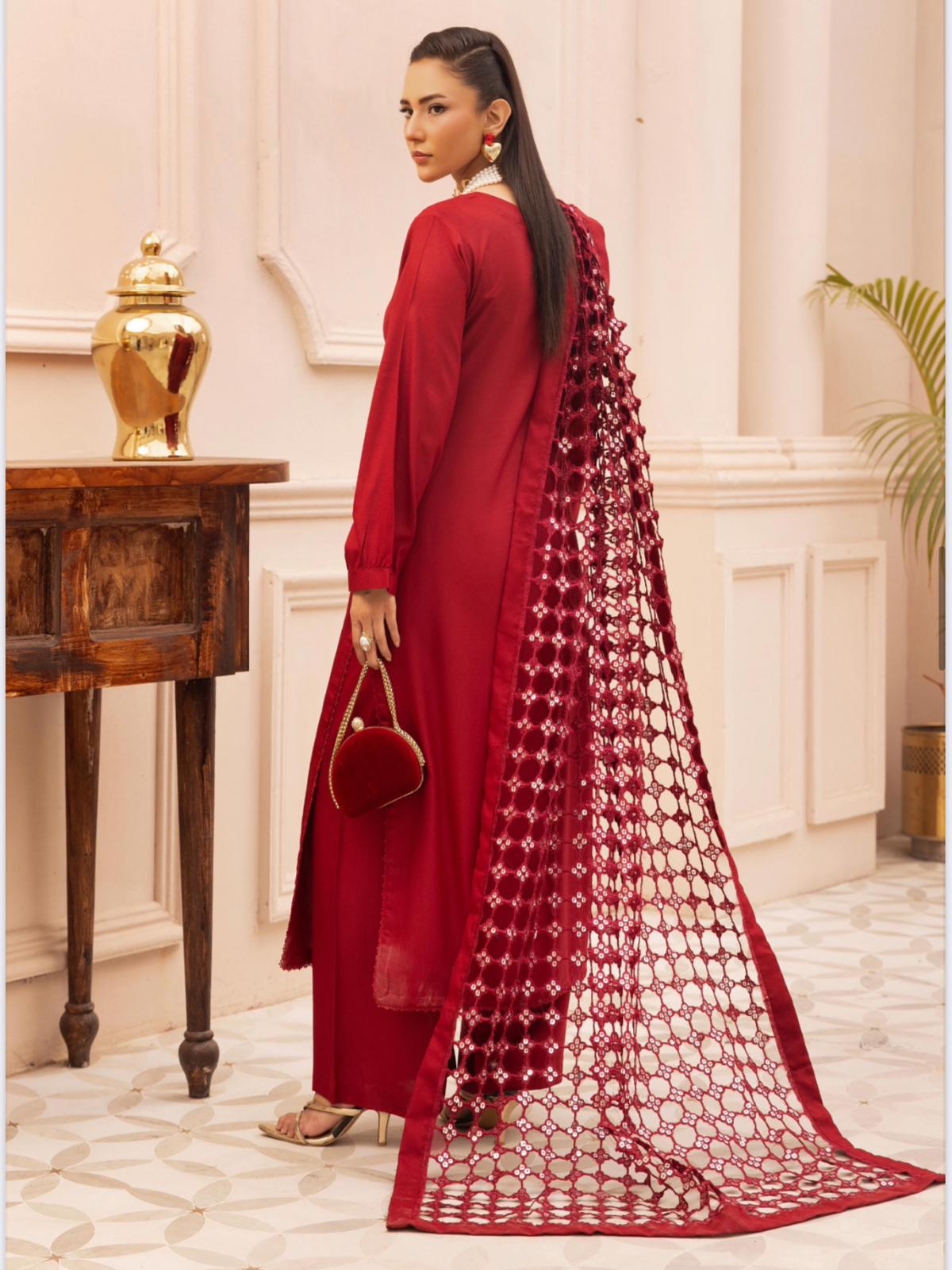 Premium Winter Dhunak 3-Piece Suit with Maria B Inspired Sheesh Dupatta – Luxury Winter Collection