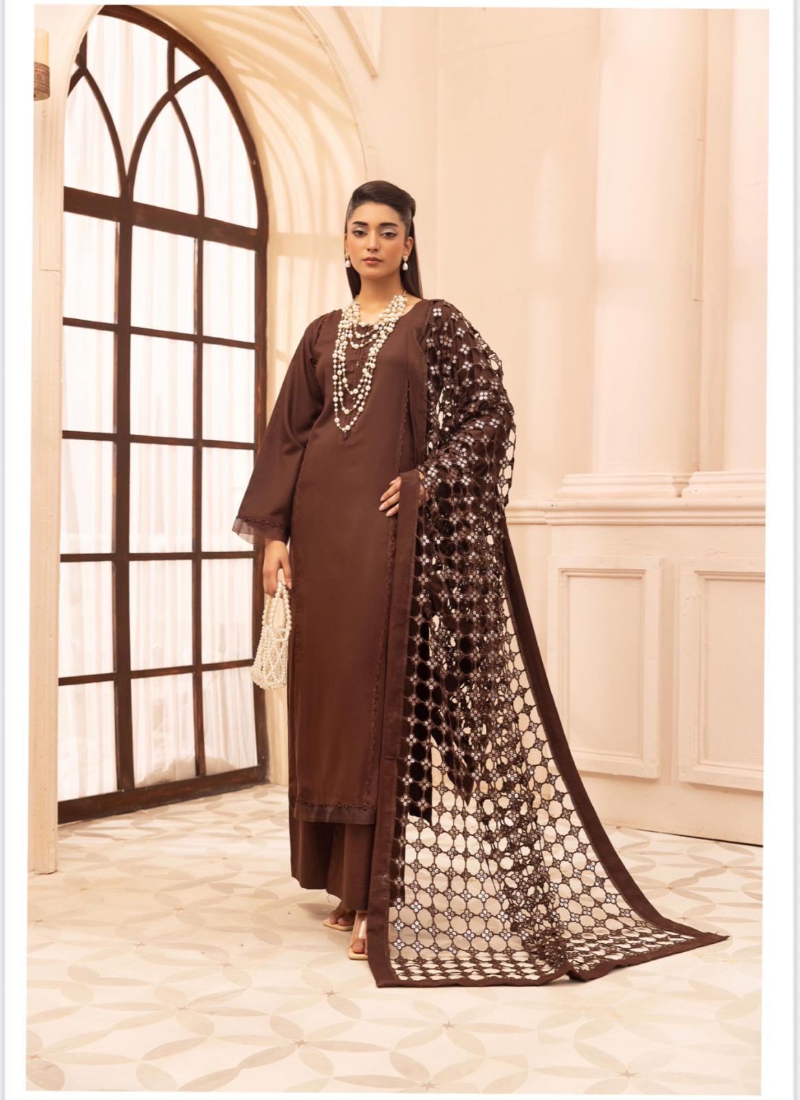 Premium Winter Dhunak 3-Piece Suit with Maria B Inspired Sheesh Dupatta – Luxury Winter Collection