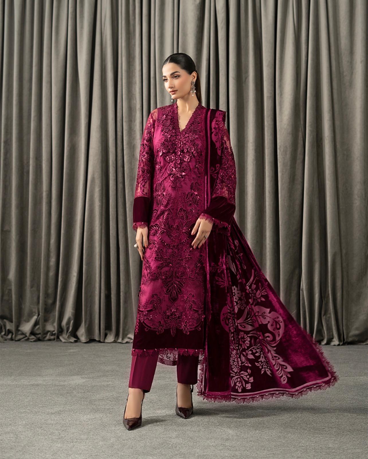 D8 Maria B (Inspired) – Maroon Soft Net Winter Luxe Collection 2025 | Small to XXL