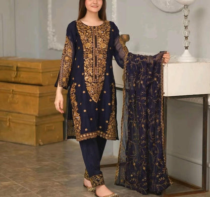 Luxury Chiffon 3 pcs Suit with Heavy Embroidery – Front & Back Work