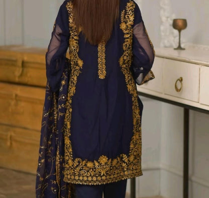 Luxury Chiffon 3 pcs Suit with Heavy Embroidery – Front & Back Work