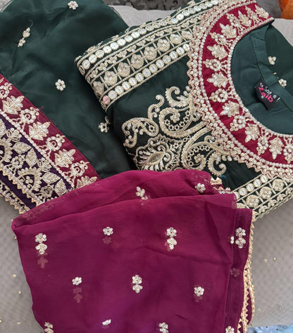 بدلة أورجانزا فاخرة مطرزة بكثافة من ثلاث قطع مع دوباتا شيفون - ملابس الزفاف والحفلات