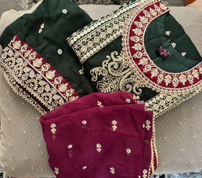 بدلة أورجانزا فاخرة مطرزة بكثافة من ثلاث قطع مع دوباتا شيفون - ملابس الزفاف والحفلات