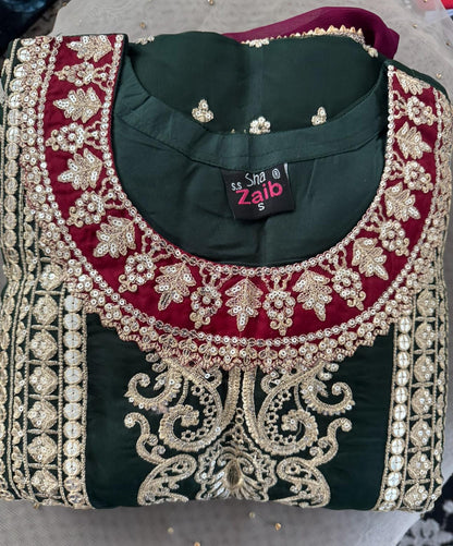 بدلة أورجانزا فاخرة مطرزة بكثافة من ثلاث قطع مع دوباتا شيفون - ملابس الزفاف والحفلات