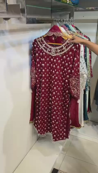 فستان شيفون فاخر من 4 قطع - دوباتا أورجانزا مطرزة | كراش بلازو | حقيبة بوتلي متناسقة